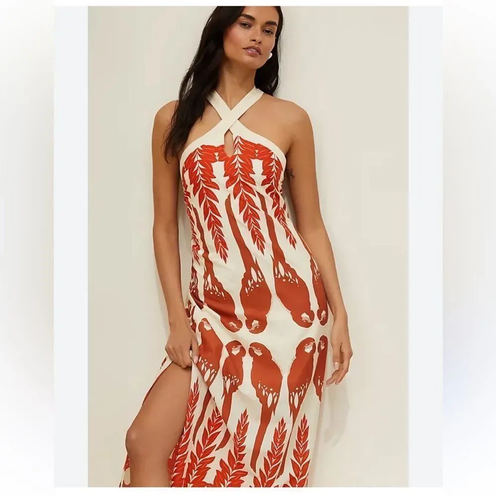 TOUCHE by Anthropologie halter midi dress Ivory & Parrots 🦜